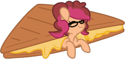 Size: 573x272 | Tagged: safe, artist:jadeharmony, derpibooru import, oc, oc only, oc:peppermint pop, earth pony, pony, base used, cheese, eyes closed, female, food, glasses, grilled cheese, mare, offspring, parent:cheese sandwich, parent:pinkie pie, parents:cheesepie, ponies in food, sandwich, simple background, smiling, solo, transparent background