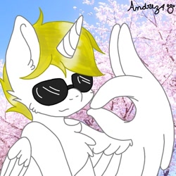 Size: 894x894 | Tagged: safe, artist:andreza, derpibooru import, oc, oc only, oc:kionagdl, alicorn, alicorn oc, chest fluff, horn, solo, sunglasses, wing hands, wings