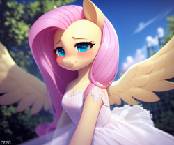 Size: 768x640 | Tagged: safe, ai content, artist:kyle_bilibili, derpibooru exclusive, derpibooru import, machine learning generated, fluttershy, pegasus, semi-anthro, blushing, clothes, dress, solo, wedding dress