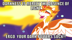 Size: 1066x600 | Tagged: safe, derpibooru import, edit, edited screencap, editor:twi clown, screencap, daybreaker, alicorn, pony, a royal problem, caption, female, image macro, laughing, mare, text