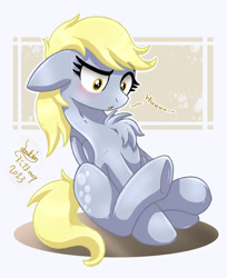 Size: 1100x1350 | Tagged: safe, artist:joakaha, derpibooru import, derpy hooves, pegasus, pony, :o, chest fluff, ears, floppy ears, looking down, open mouth, sitting, solo