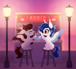 Size: 4367x3982 | Tagged: safe, artist:belka-sempai, derpibooru import, oc, oc only, oc:aurora, oc:skyfire lumia, pegasus, wolf, wolf pony, colored wings, cute, food, noodles, paw pads, paws, ramen, sitting, spread wings, two toned wings, underpaw, wings