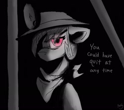 Size: 2392x2124 | Tagged: safe, artist:reddthebat, derpibooru import, oc, oc only, oc:number nine, earth pony, pony, bandana, black and white, black background, female, grayscale, helmet, looking at you, mare, mining helmet, monochrome, partial color, simple background, solo, talking to viewer