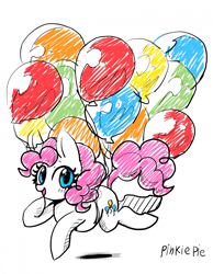 Size: 850x1096 | Tagged: safe, anonymous artist, derpibooru import, pinkie pie, earth pony, pony, balloon, cute, female, floating, mare, open mouth, open smile, simple background, smiling, solo, then watch her balloons lift her up to the sky, white background