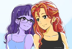 Size: 1637x1109 | Tagged: safe, artist:5mmumm5, derpibooru import, sci-twi, sunset shimmer, twilight sparkle, equestria girls, bare shoulders, duo, duo female, female, glasses, lesbian, looking at each other, looking at someone, loose hair, scitwishimmer, shipping, sleeveless, sunsetsparkle