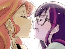 Size: 1060x793 | Tagged: safe, artist:5mmumm5, derpibooru import, sci-twi, sunset shimmer, twilight sparkle, equestria girls, about to kiss, eyes closed, female, glasses, laughing, lesbian, loose hair, scitwishimmer, shipping, simple background, sunsetsparkle, white background