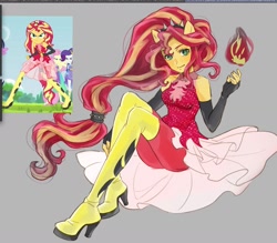 Size: 1684x1472 | Tagged: safe, artist:5mmumm5, derpibooru import, screencap, sunset shimmer, human, better together, cheer you on, equestria girls, ass, boots, butt, female, fire, gray background, ponied up, scene interpretation, shoes, simple background, solo, spiked headband