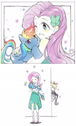 Size: 1240x2048 | Tagged: safe, artist:5mmumm5, derpibooru import, applejack, fluttershy, rainbow dash, sci-twi, twilight sparkle, human, pegasus, pony, equestria girls, 2 panel comic, butterfly hairpin, caught, comic, emanata, female, flutterdash, holding a pony, hug, hugging a pony, human and pony, lesbian, one eye closed, petting, rainbow dash is not amused, shipping, simple background, tsunderainbow, tsundere, unamused, white background