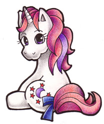 Size: 428x513 | Tagged: safe, artist:yohjisbabe, derpibooru import, moondancer (g1), pony, unicorn, g1, bow, simple background, sitting, solo, tail, tail bow, traditional art, white background