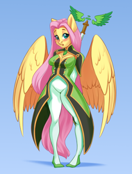 Size: 1598x2100 | Tagged: safe, artist:kittytitikitty, derpibooru import, fluttershy, anthro, pegasus, blushing, clothes, cosplay, costume, martel yggdrasill, tales of series, tales of symphonia, wings