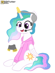 Size: 980x1280 | Tagged: safe, artist:thread8, derpibooru import, princess celestia, alicorn, pony, clothes, controller, cute, cutelestia, gamer celestia, hoodie, magic, simple background, telekinesis, transparent background, watermark