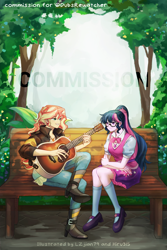 Size: 2000x3000 | Tagged: safe, artist:hiru3152, artist:lzjian79, derpibooru import, sci-twi, sunset shimmer, twilight sparkle, human, collaboration, equestria girls, bench, commission, female, glasses, guitar, lesbian, musical instrument, playing, sci-twi outfits, scitwishimmer, shipping, sunsetsparkle