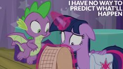 Size: 2000x1125 | Tagged: safe, derpibooru import, edit, edited screencap, editor:quoterific, screencap, spike, twilight sparkle, twilight sparkle (alicorn), alicorn, dragon, a trivial pursuit, bag, ears, floppy ears, magic, saddle bag, scroll, telekinesis, winged spike, wings