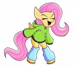 Size: 2048x1857 | Tagged: safe, artist:tysobro, derpibooru import, fluttershy, pegasus, semi-anthro, antonymph, blue eyes, clothes, eyes closed, fluttgirshy, gir, happy, hoodie, leg warmers, leggings, long sleeves, open mouth, open smile, simple background, smiling, solo, vylet pony, white background, yelling