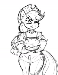 Size: 1354x1764 | Tagged: safe, artist:tysobro, derpibooru import, anthro, earth pony, clothes, eyebrows, eyebrows visible through hair, food, one eye closed, oven mitts, overalls, pie, sketch, smiling, solo, wink