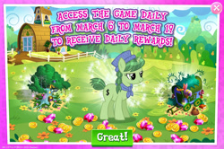 Size: 1956x1298 | Tagged: safe, derpibooru import, pony, unicorn, advertisement, bush, coin, costs real money, english, female, gameloft, gem, hat, healer's mask, horn, mare, mask, mobile game, my little pony: magic princess, official, spider web, text, tree, unnamed character, unnamed pony