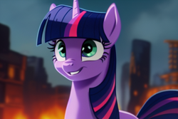 Size: 600x400 | Tagged: safe, ai content, derpibooru import, generator:stable diffusion, machine learning generated, twilight sparkle, pony, unicorn, city, green eyes, post-apocalyptic, smiling, solo