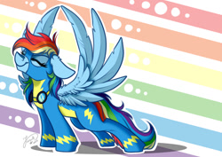 Size: 1024x725 | Tagged: safe, artist:julunis14, derpibooru import, rainbow dash, pegasus, pony, clothes, eyes closed, goggles, rainbow background, smiling, solo, spread wings, stretching, uniform, wings, wonderbolts uniform