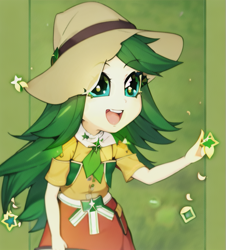 Size: 579x640 | Tagged: safe, ai content, derpibooru import, edit, edited screencap, editor:luckreza8, machine learning generated, screencap, sweet leaf, human, equestria girls, friendship games, :d, anime, female, generator:imgcreator, happy, hat, open mouth, open smile, smiling