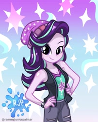 Size: 1080x1335 | Tagged: safe, alternate version, artist:rjp.rammy, derpibooru import, starlight glimmer, human, better together, equestria girls, armpits, bare shoulders, beanie, blushing, breasts, cleavage, clothes, eyebrows, female, hand on hip, hat, looking at you, raised eyebrow, signature, sleeveless, smiling, smiling at you, solo, tanktop, watch