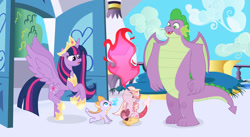 Size: 1024x561 | Tagged: safe, artist:velveagicsentryyt, derpibooru import, princess twilight 2.0, spike, twilight sparkle, twilight sparkle (alicorn), oc, oc:eclipse sparkle, oc:sapphire, alicorn, draconequus, dragon, hybrid, pony, deviantart watermark, fire, gigachad spike, interspecies offspring, obtrusive watermark, offspring, older, older spike, older twilight, parent:discord, parent:smolder, parent:spike, parent:twilight sparkle, parents:discolight, parents:spolder, watermark, winged spike, wings