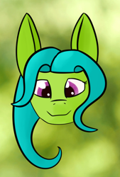 Size: 448x664 | Tagged: safe, artist:kujivunia, derpibooru import, oc, oc only, earth pony, abstract background, big ears, bust, dryad, ears, earth pony oc, green background, head only, looking at you, portrait, simple background, solo