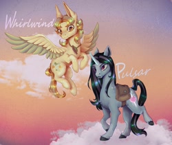 Size: 2358x1992 | Tagged: safe, artist:ponikiec, derpibooru import, oc, oc:pulsar, oc:whirlwind, pegasus, pony, unicorn, duo, female, horn, pegasus oc, unicorn oc