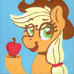 Size: 1179x1184 | Tagged: safe, artist:dandy, derpibooru import, applejack, earth pony, acrylic painting, apple, bust, colored, cowboy hat, eye clipping through hair, eyebrows, eyebrows visible through hair, flat colors, food, hair tie, hat, looking at you, open mouth, simple background, solo, traditional art