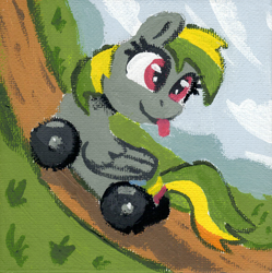 Size: 1172x1179 | Tagged: safe, artist:dandy, derpibooru import, oc, oc only, oc:wheely bopper, original species, pegasus, acrylic painting, grass, looking back, road, sky, solo, tongue, tongue out, traditional art, wheelpone, wings