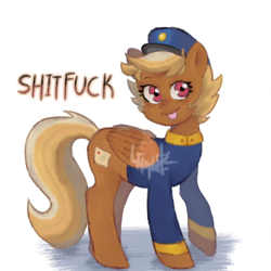 Size: 1080x1080 | Tagged: safe, artist:ubat_kodeina, derpibooru import, pegasus, pony, blonde, clothes, female, forced meme, hat, looking at you, mare, red eyes, shitfuck meme, signature, simple background, smiling, swift reply, tongue, tongue out, uniform, vulgar, white background