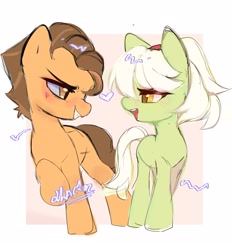 Size: 1948x2100 | Tagged: safe, artist:panrcillo_jelly, derpibooru import, grand pear, granny smith, earth pony, pony, female, male, shipping, straight, young grand pear, young granny smith, younger