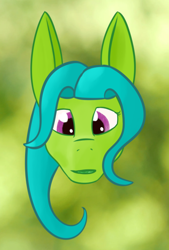 Size: 448x664 | Tagged: safe, artist:kujivunia, derpibooru import, edit, oc, oc only, earth pony, abstract background, big ears, bust, dryad, ears, earth pony oc, green background, head only, looking at you, portrait, simple background, solo