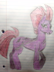 Size: 2416x3216 | Tagged: safe, artist:dust, derpibooru exclusive, derpibooru import, fizzlepop berrytwist, tempest shadow, pony, unicorn, adult blank flank, blank flank, colored, colored pencil drawing, eye scar, facial scar, female, lined paper, looking at you, mare, no armor, pencil drawing, scar, scared, shading, shading practice, smiling, solo, traditional art