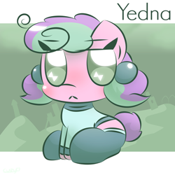 Size: 2000x2000 | Tagged: safe, artist:cushyhoof, derpibooru import, oc, oc only, oc:yedna letelier, earth pony, pony, :<, blank flank, blushing, chibi, clothes, cute, earth pony oc, female, high res, mare, short tail, sitting, socks, solo, sweater, tail, unamused