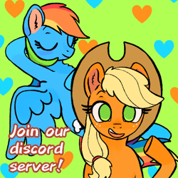 Size: 768x768 | Tagged: safe, artist:therealtumbleweed, derpibooru import, applejack, rainbow dash, earth pony, pegasus, pony, advertisement in description, advertising, appledash, chest fluff, discord server, ear fluff, ears, eyebrows, eyes closed, female, flying, happy, heart, heart background, lesbian, long description, looking at you, mare, open mouth, open smile, relaxing, shipping, simple background, smiling, talking to viewer, wide eyes, wings