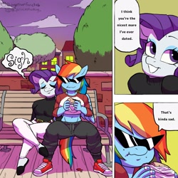 Size: 2048x2048 | Tagged: safe, artist:dagothurfanclub, derpibooru import, rainbow dash, rarity, anthro, pegasus, plantigrade anthro, pony, unicorn, belly button, bench, clothes, comic, converse, duo, eating, female, flats, food, lesbian, meme, midriff, ponified, ponified meme, raridash, scott pilgrim vs the world, shipping, shoes, sneakers, species swap, sunglasses, tree