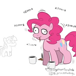 Size: 1080x1080 | Tagged: safe, artist:dagothurfanclub, derpibooru import, pinkie pie, twilight sparkle, unicorn twilight, earth pony, pony, unicorn, caffeine, coffee, duo, female, mare, moments before disaster, pinkie found the coffee, simple background, sweat, sweatdrop, this will not end well, white background, worried, xk-class end-of-the-world scenario