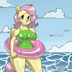 Size: 2048x2048 | Tagged: safe, artist:dagothurfanclub, derpibooru import, fluttershy, anthro, pegasus, breasts, clothes, female, green swimsuit, hootershy, ocean, one-piece swimsuit, solo, swimsuit, water