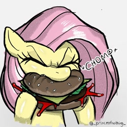 Size: 1080x1080 | Tagged: safe, artist:dagothurfanclub, derpibooru import, fluttershy, pegasus, pony, burger, cheese, eating, female, food, ketchup, lettuce, meat, messy eating, ponies eating meat, sauce, solo