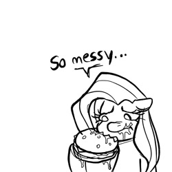 Size: 1080x1080 | Tagged: safe, artist:dagothurfanclub, derpibooru import, fluttershy, pegasus, pony, black and white, burger, eating, female, food, grayscale, messy eating, monochrome, simple background, solo, white background