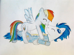 Size: 1032x774 | Tagged: safe, artist:rd97, derpibooru import, rainbow dash, soarin', pegasus, pony, clothes, eyes closed, female, laughing, lying down, male, mare, shipping, simple background, smiling, soarindash, stallion, straight, traditional art, uniform, white background, wonderbolts uniform