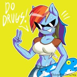 Size: 2048x2048 | Tagged: safe, artist:dagothurfanclub, derpibooru import, rainbow dash, anthro, female, implied drugs, midriff, simple background, skateboard, solo, sunglasses, yellow background