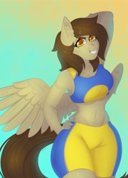 Size: 2943x4096 | Tagged: safe, artist:yutailaarts, derpibooru import, oc, oc only, anthro, pegasus, pony, anthro oc, belly button, clothes, compression shorts, female, gradient background, midriff, pegasus oc, solo, tanktop