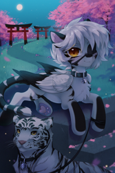 Size: 2000x3000 | Tagged: safe, artist:anku, derpibooru import, oc, oc only, big cat, pegasus, pony, tiger, bell, bell collar, cherry blossoms, collar, detailed background, flower, flower blossom, golden eyes, lying down, moon, short hair, stairs, stripes, white hair