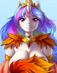 Size: 1000x1290 | Tagged: safe, artist:blueomlette, derpibooru import, princess celestia, alicorn, anthro, big breasts, breasts, choker, cleavage, clothes, crown, feather, female, gradient background, horn, jewelry, looking at you, necklace, princess breastia, regalia, smiling, smiling at you, solo, strategically covered