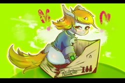 Size: 1828x1216 | Tagged: safe, artist:mistleinn, derpibooru import, oc, oc only, oc:littlepip, pony, unicorn, fallout equestria, blushing, box, butt, fanfic art, female, pipbuck, simple background, sitting