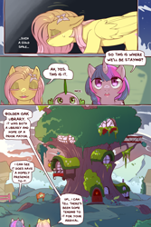 Size: 960x1440 | Tagged: safe, alternate version, artist:cold-blooded-twilight, derpibooru import, fluttershy, spike, twilight sparkle, comic:cold storm, cold blooded twilight, comic, dialogue, golden oaks library, speech bubble, sunset