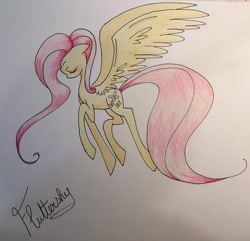 Size: 2126x2048 | Tagged: safe, artist:lovylovecristal, derpibooru import, fluttershy, pegasus, pony, eyes closed, female, large wings, long tail, mare, name, solo, spread wings, tail, traditional art, wings