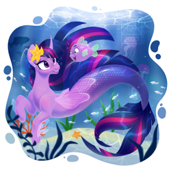 Size: 2160x2160 | Tagged: safe, artist:bluefeathercat, derpibooru import, princess twilight 2.0, spike, twilight sparkle, twilight sparkle (alicorn), alicorn, fish, jellyfish, merpony, pony, seapony (g4), my little pony: the movie, the last problem, bubble, clothes, coral, crepuscular rays, curved horn, cute, digital art, female, fin wings, fins, fish tail, flower, flower in hair, flowing mane, flowing tail, green eyes, happy, high res, horn, logo, looking at each other, looking at someone, male, mare, mermay, ocean, older, older twilight, open mouth, open smile, puffer fish, purple eyes, seaponified, seapony twilight, seaweed, see-through, smiling, smiling at each other, solo, species swap, spike the pufferfish, starfish, sunlight, swimming, tail, teeth, underwater, water, watermark, wings
