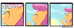 Size: 720x275 | Tagged: safe, edit, edited screencap, screencap, scootaloo, pegasus, flight to the finish, a softer world, comic, mother's day, screencap comic, smiling, solo, text